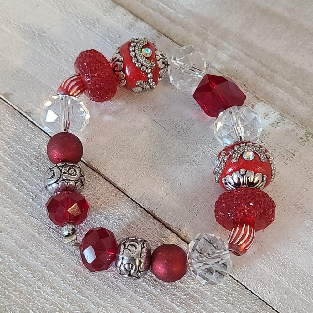 Art Glass Beads Red White Silver Craft Strand New